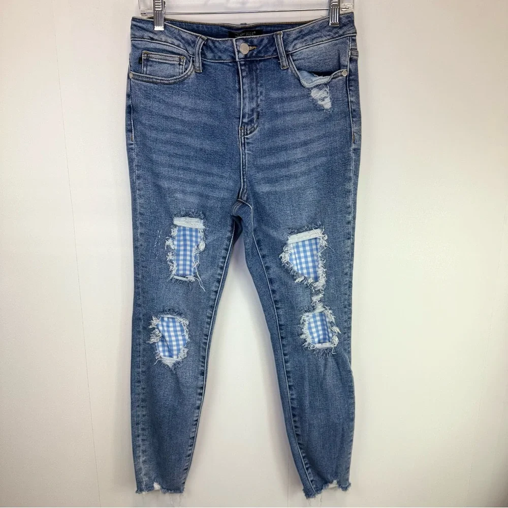 Judy Blue Gingham Distressed Skinny Jeans Raw Hem size 9/29‎ style #JB8832